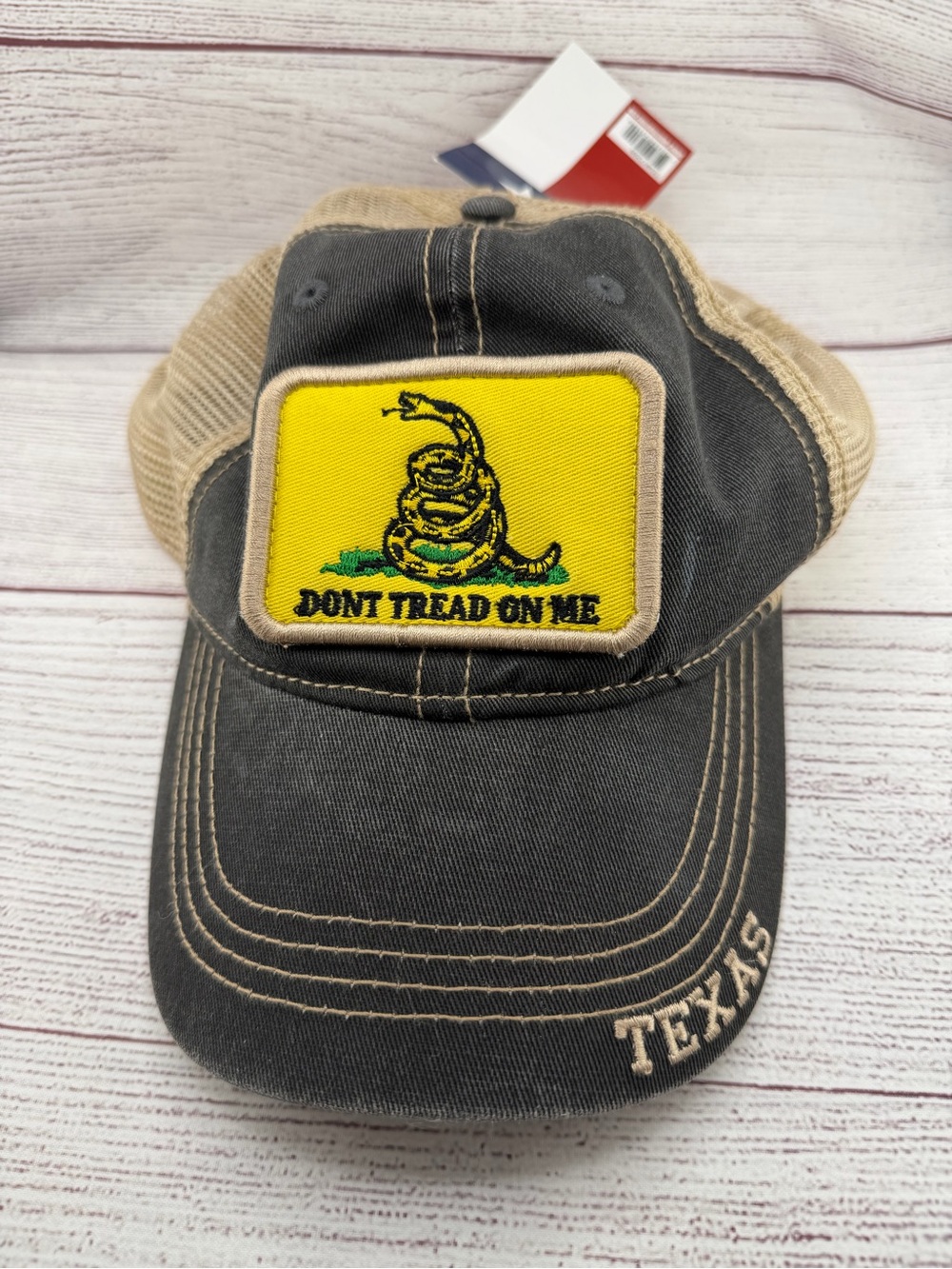 Don't Tread On Me Patch Trucker Hat - Yellow Patch, Charcoal & Tan
